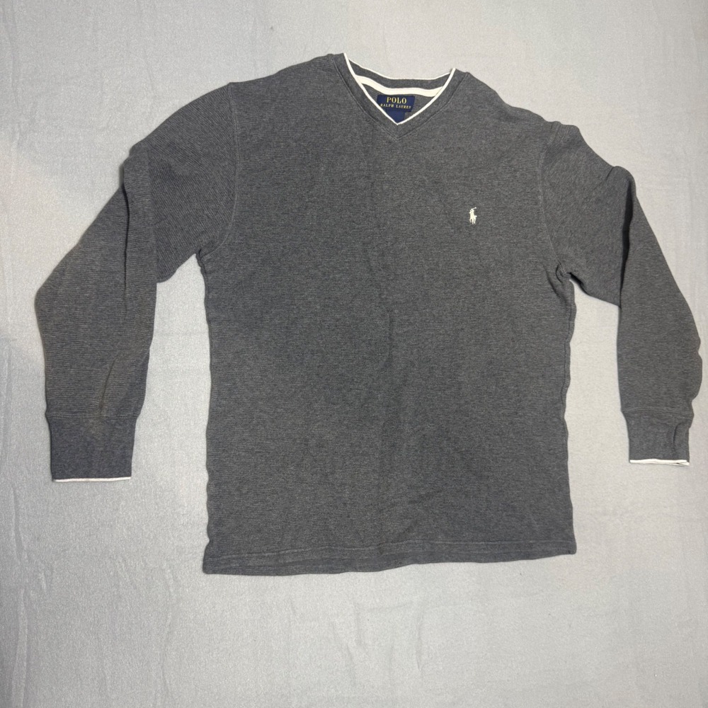 Polo Ralph Lauren Men Thermal Shirt XL Grey Excellent Waffle V-Neck MA-397